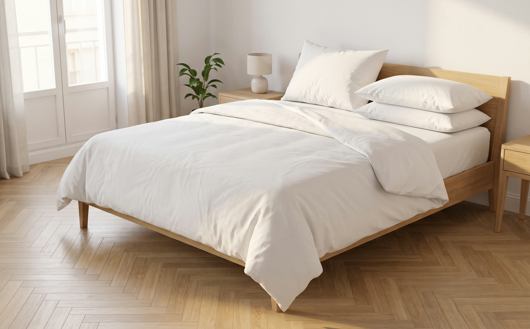 A queen bed neatly made in white percale bedding in a bright Madrid apartment bedroom with oak herringbone floors and morning light.