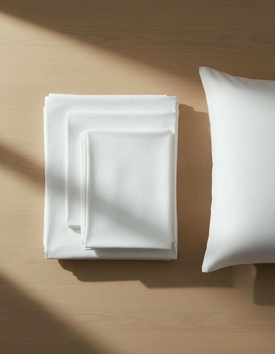 Folded white percale bedding set stacked on a light oak herringbone floor.