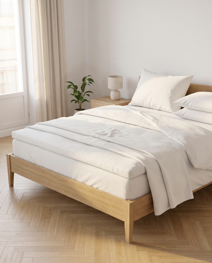 A made bed in white bedding with the mattress topper edge visible along the side.