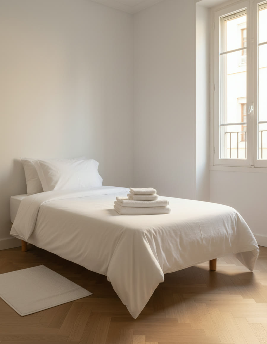 A made white bed with a folded stack of white towels on it and a white bath mat on the floor beside.