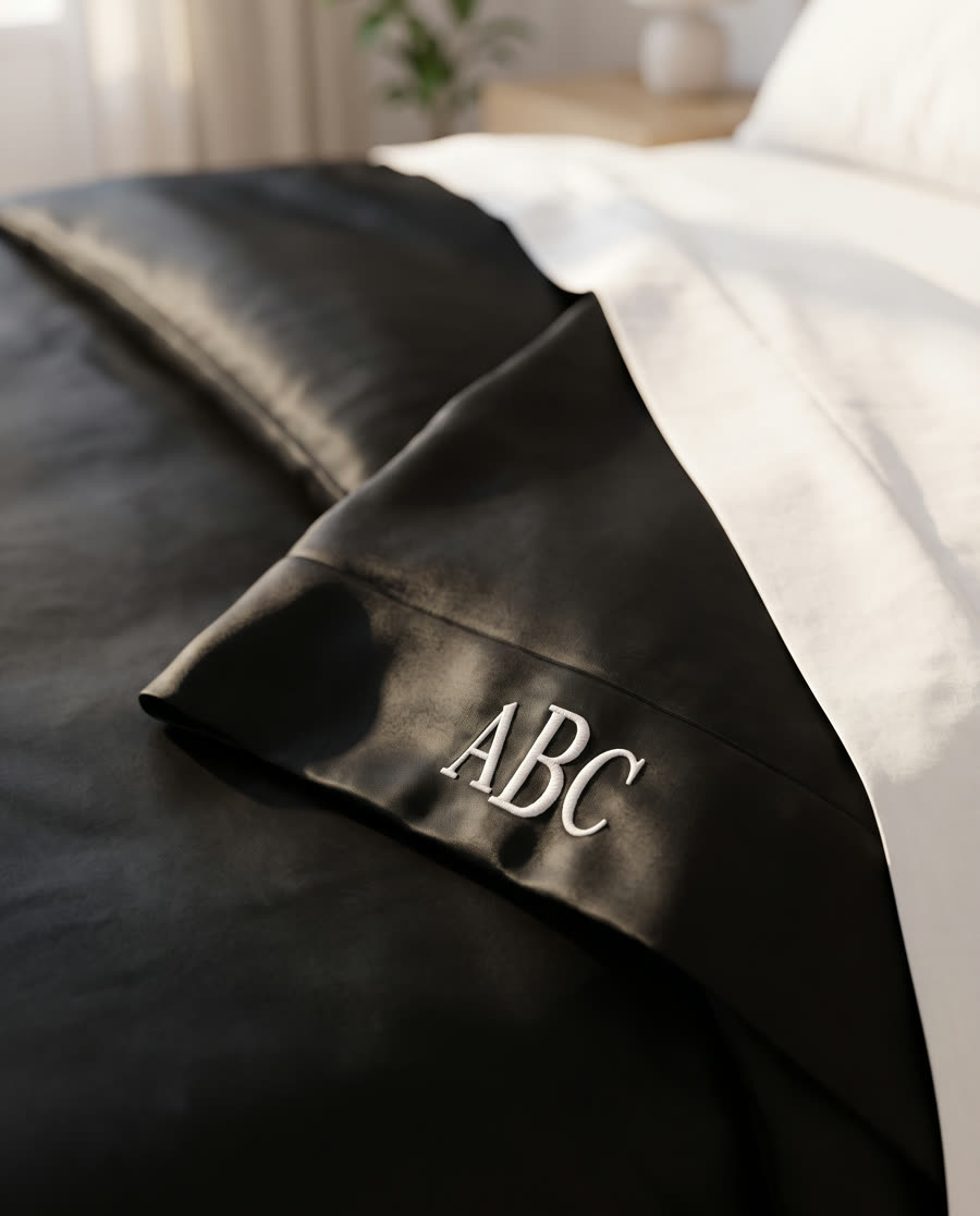 Black sateen duvet cover hem with a white embroidered monogram.