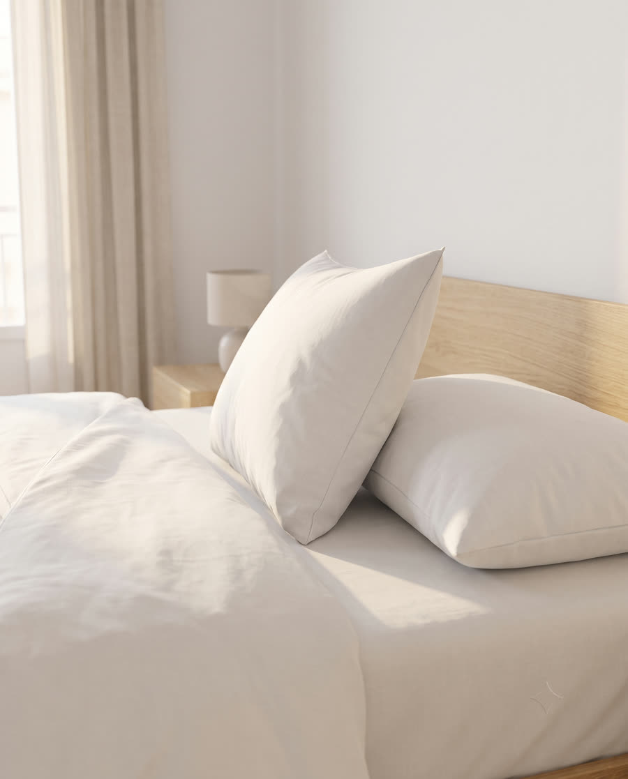 Two white pillowcases at a headboard, one upright and one lying flat.