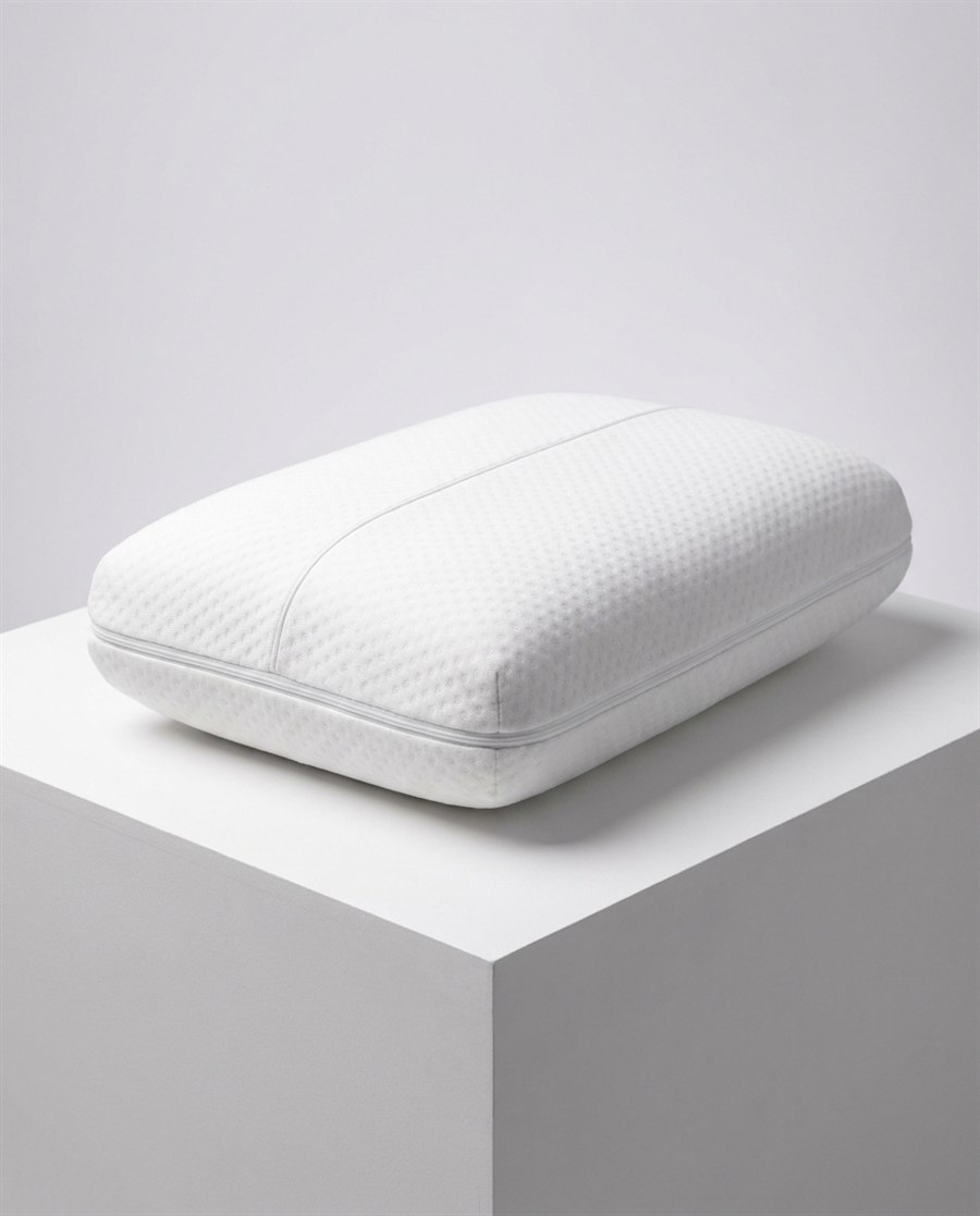 A contoured white memory foam pillow resting on a bare mattress.