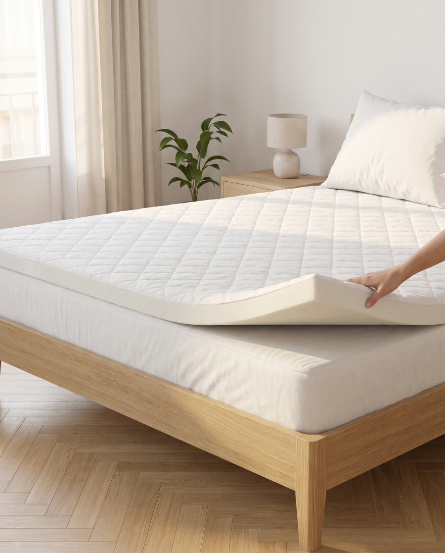 A quilted white mattress topper being laid onto a bed.