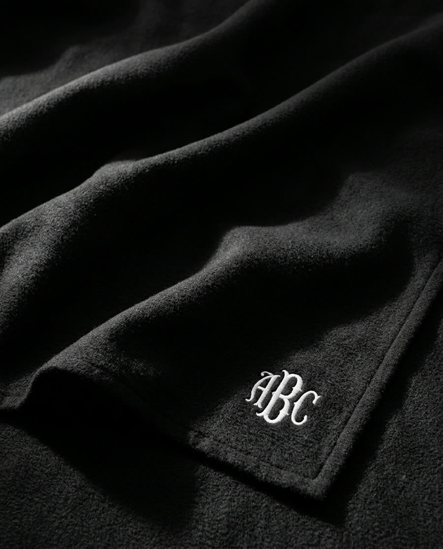 Black brushed cotton blanket with a white embroidered monogram in the corner.