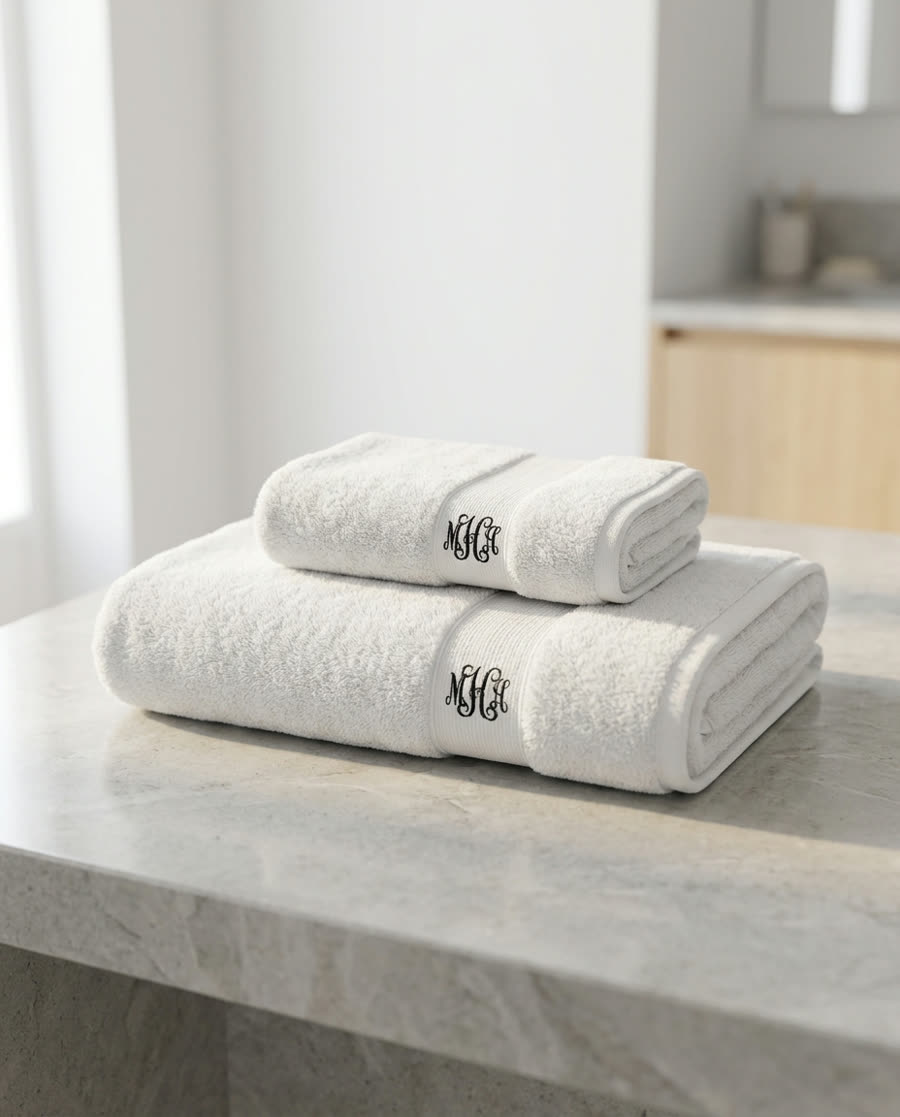 Stacked white towels with black embroidered monograms on a stone counter.