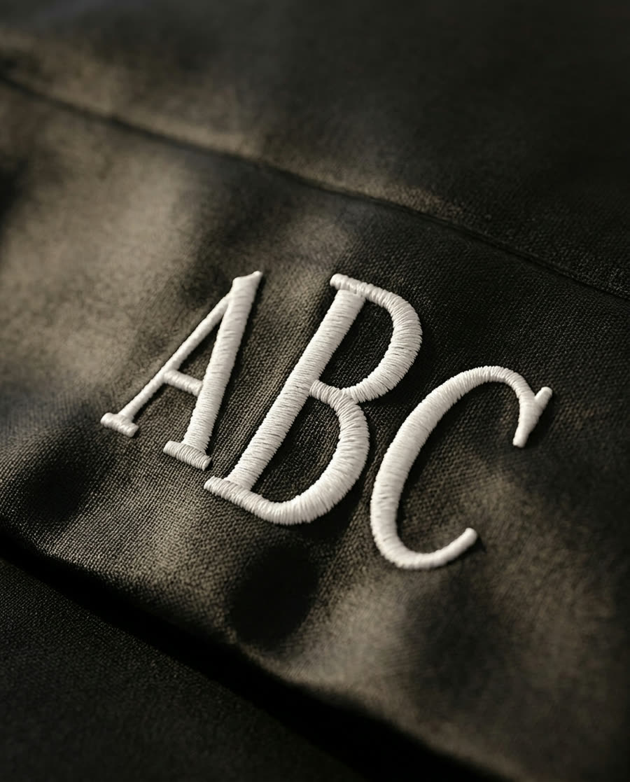 Macro of a three-letter monogram embroidered in white thread on black sateen.