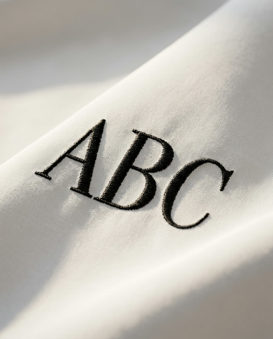 Macro of a three-letter monogram embroidered in black thread on white cotton.