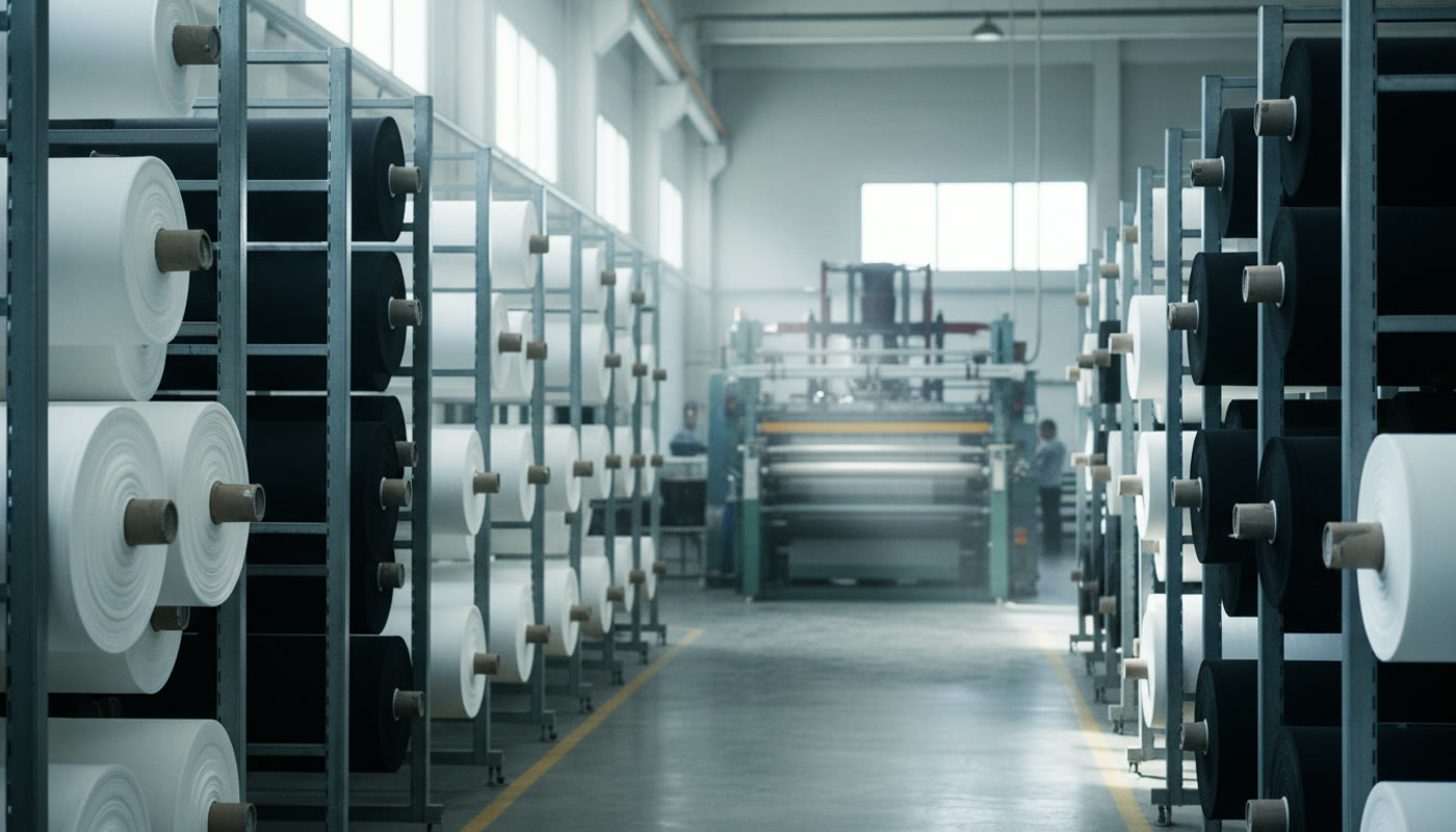 Rolls of black and white cotton fabric stacked on racks inside a textile factory.