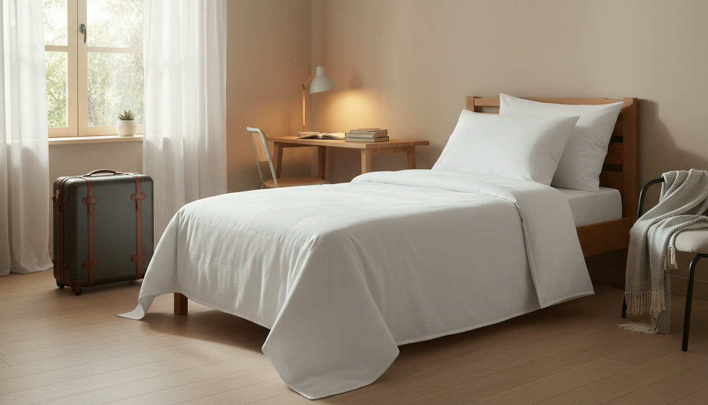 A student room with the bed neatly made in white bedding and a packed suitcase beside it.