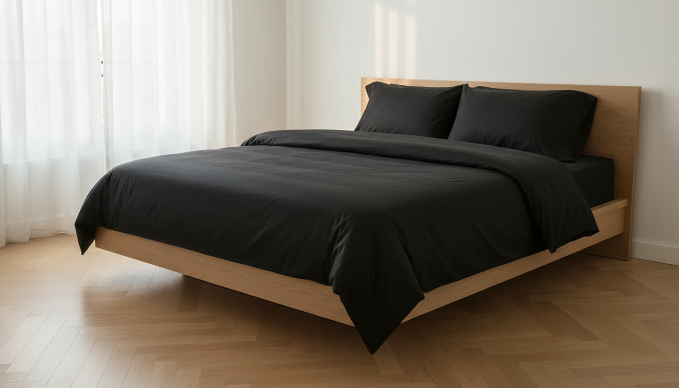 A queen bed made entirely in black sateen bedding in a bright Madrid apartment bedroom with oak floors and morning light catching the sheen.
