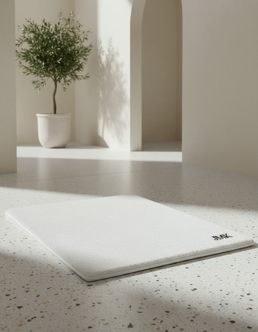 A thick white cotton bath mat with a black embroidered monogram on a terrazzo bathroom floor.