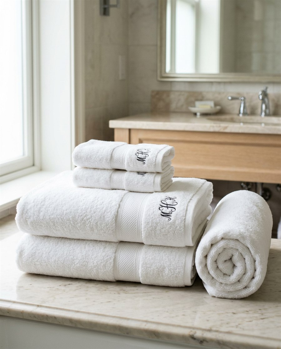 Folded white cotton bath and hand towels stacked on a marble counter with a rolled bath mat beside them, monogrammed in black thread.